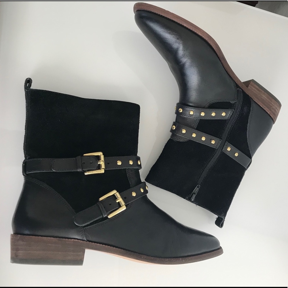 Coach leather & suede boots with gold hardware.